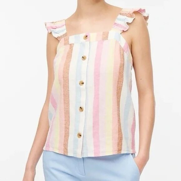 J. Crew Pastel Colorful Stripe Linen Blend Ruffle Strap Tank Top - Picture 1 of 9